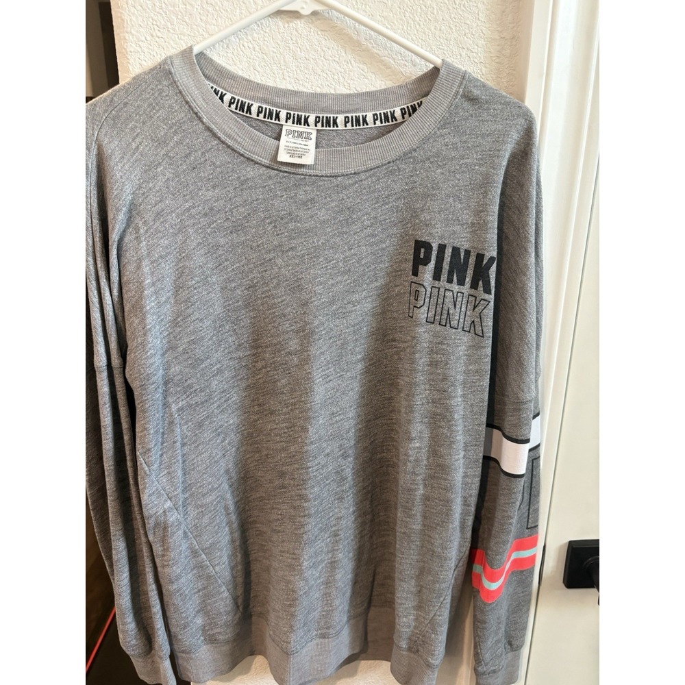 PINK Gray Pullover Sweater Long Sleeve Logo Striped Sleeve Knit M